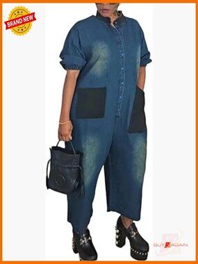 Baggy Denim Jumpsuit Oversized V Neck Short Sleeve Jean Romper One Piece Outfit